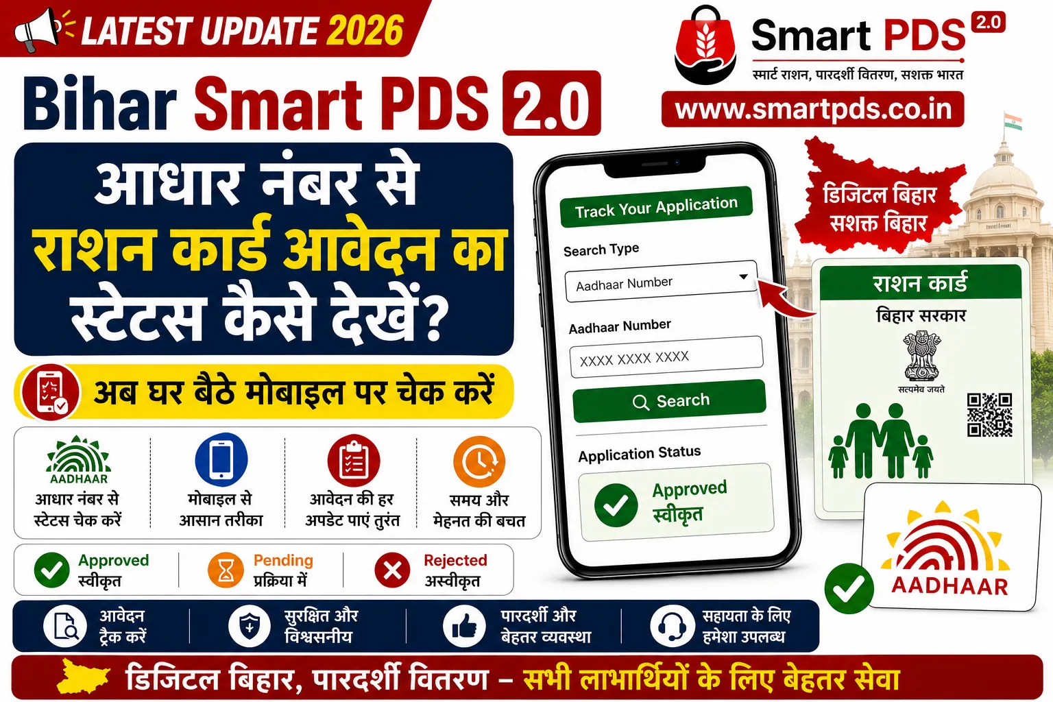 Bihar Smart PDS 2.0 Update 2026: आधार नंबर से मोबाइल पर राशन कार्ड आवेदन का स्टेटस कैसे देखें?